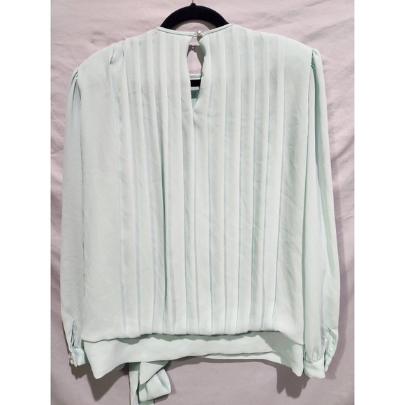 Vintage 14P Mint Green Lace Collar Pleated Blouse Women Long Sleeve Pearl Button - Picture 2 of 6